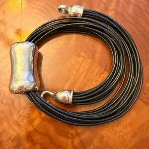 Sterling Silver (925) & Black Leather Multi-Strand Necklace + Earrings Set